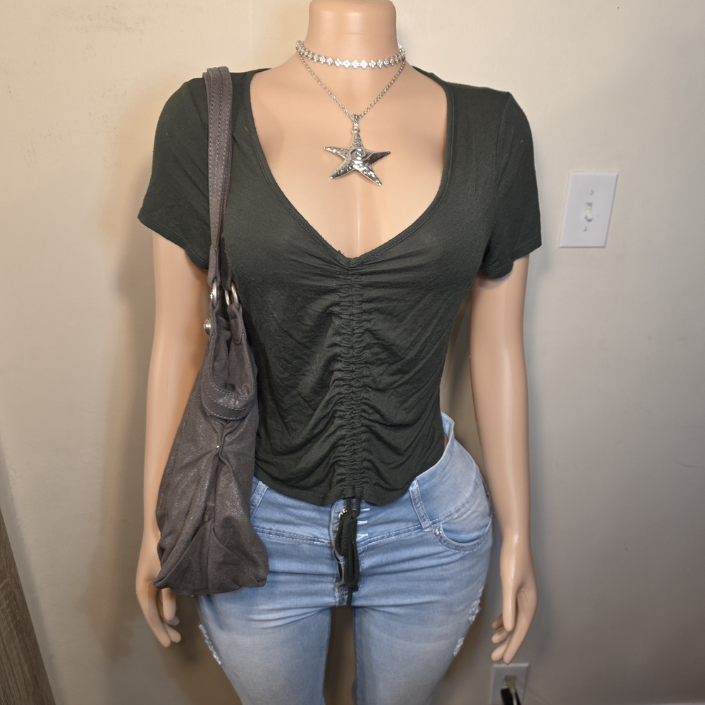 Live In The Moment Dark Green V-Neck Ruched Tee